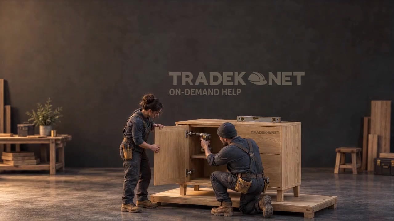 Illustrative workshop scene with two people working on a wooden cabinet